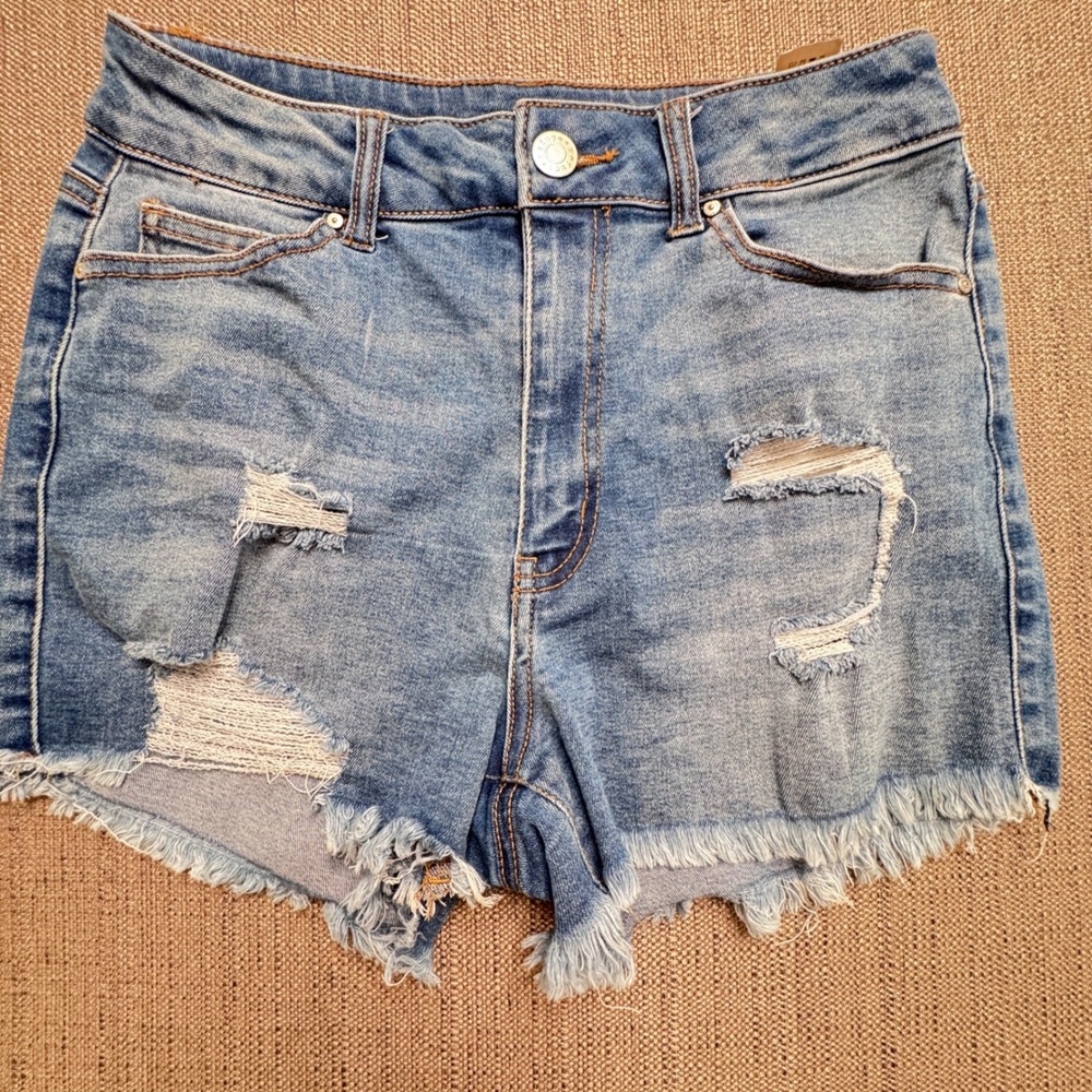 Refuge Miami Distressed High Waisted Denim Shorts Blue Size 5 Frayed Hem